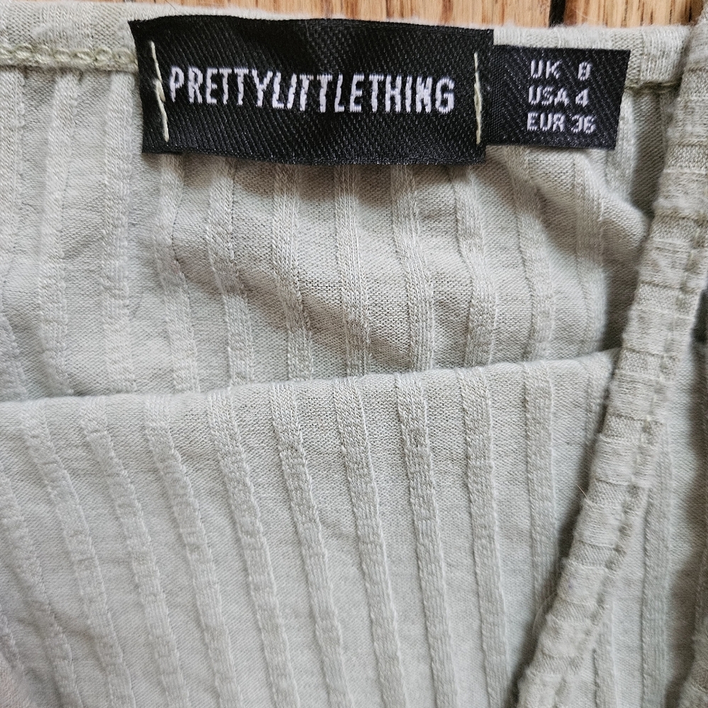 PrettyLittleThing Light Sage Ribbed Bodycon Mini Halter Dress - Picture 2 of 3